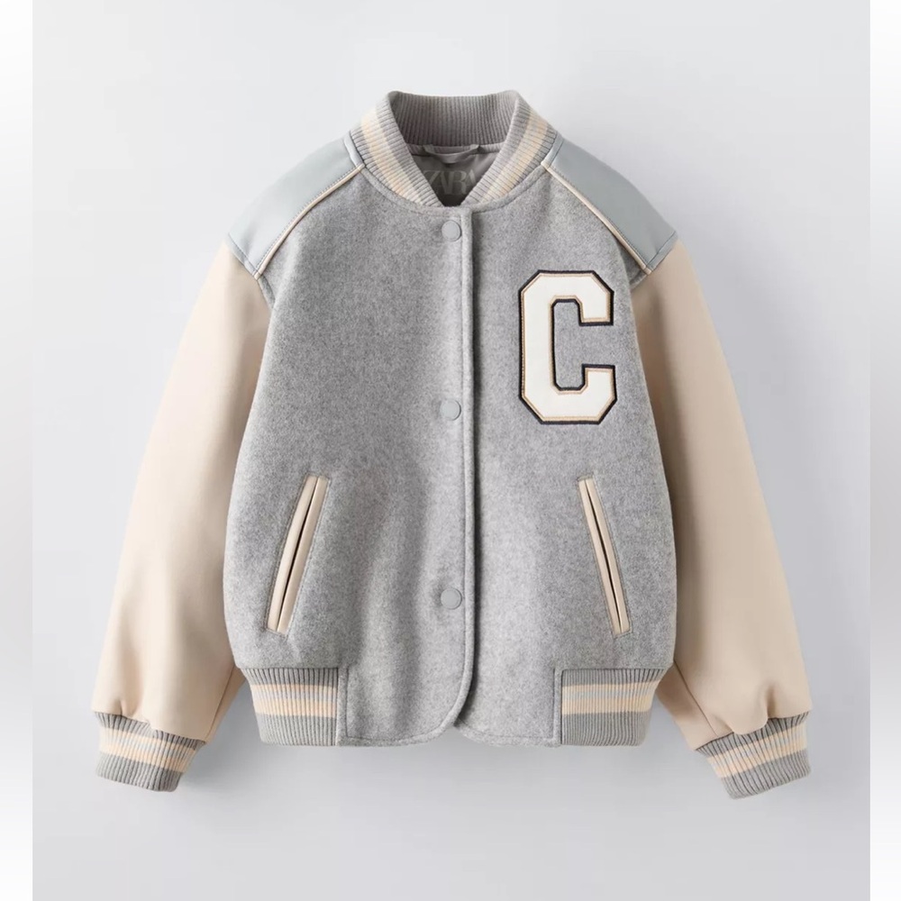 ZARA Kids Varsity Jacket in Gray and Tan - Size 8-9